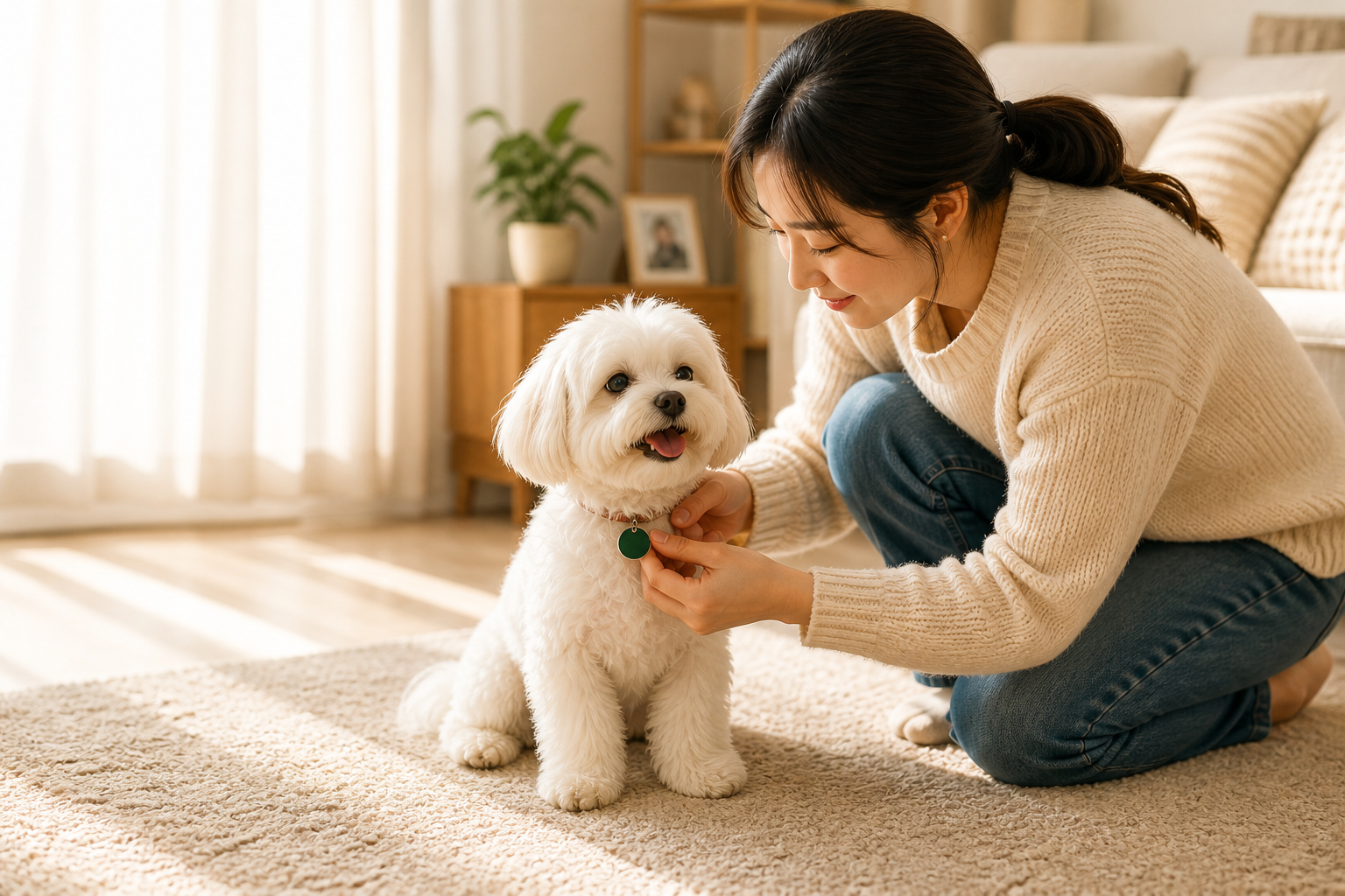 보호자가 반려견의 안심 인식표를 확인하는 모습